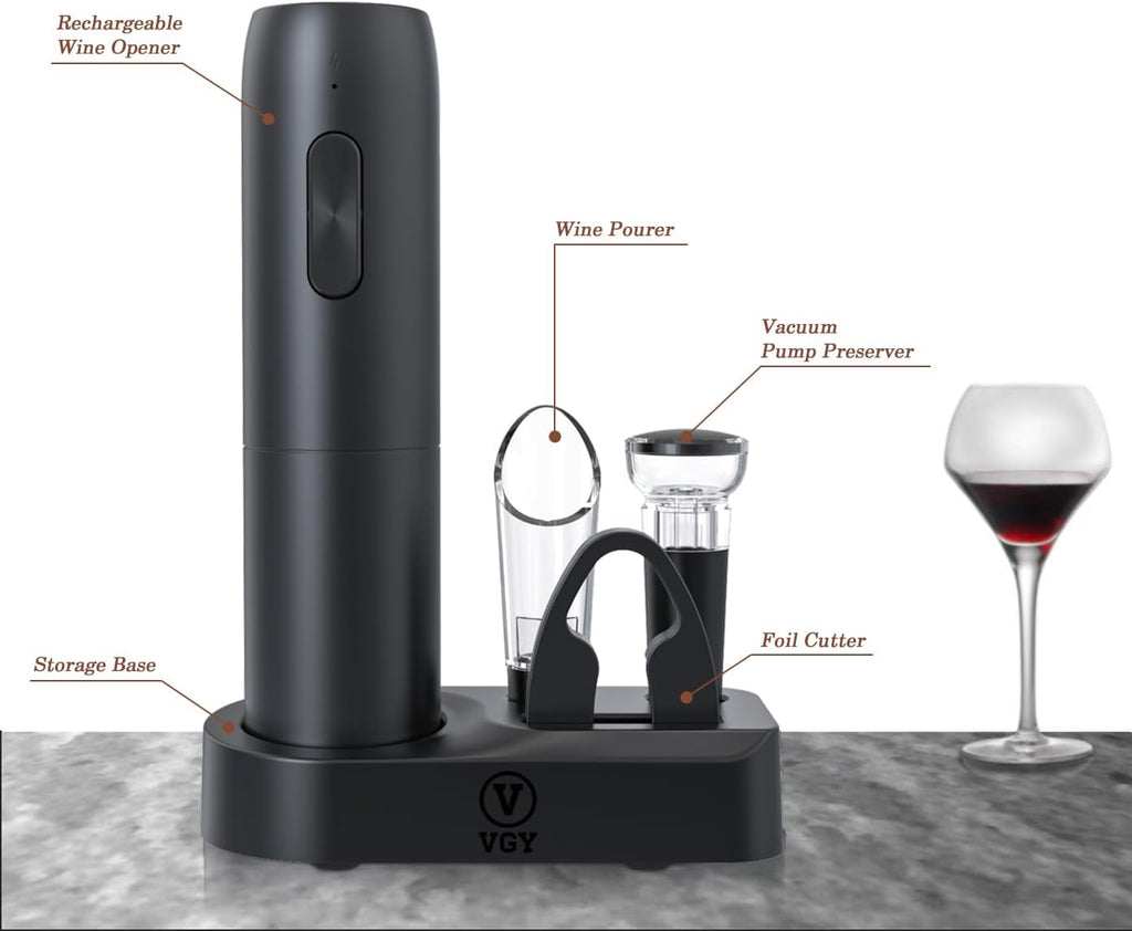 Electric Wine Opener Set, 5 in 1 Rechargeable Automatic Electric Corkscrew with Charging Base, Foil Cutter, Wine Pourer & Vacuum Stopper, Electric Wine Bottle Opener for Home Bar & Wine Lovers