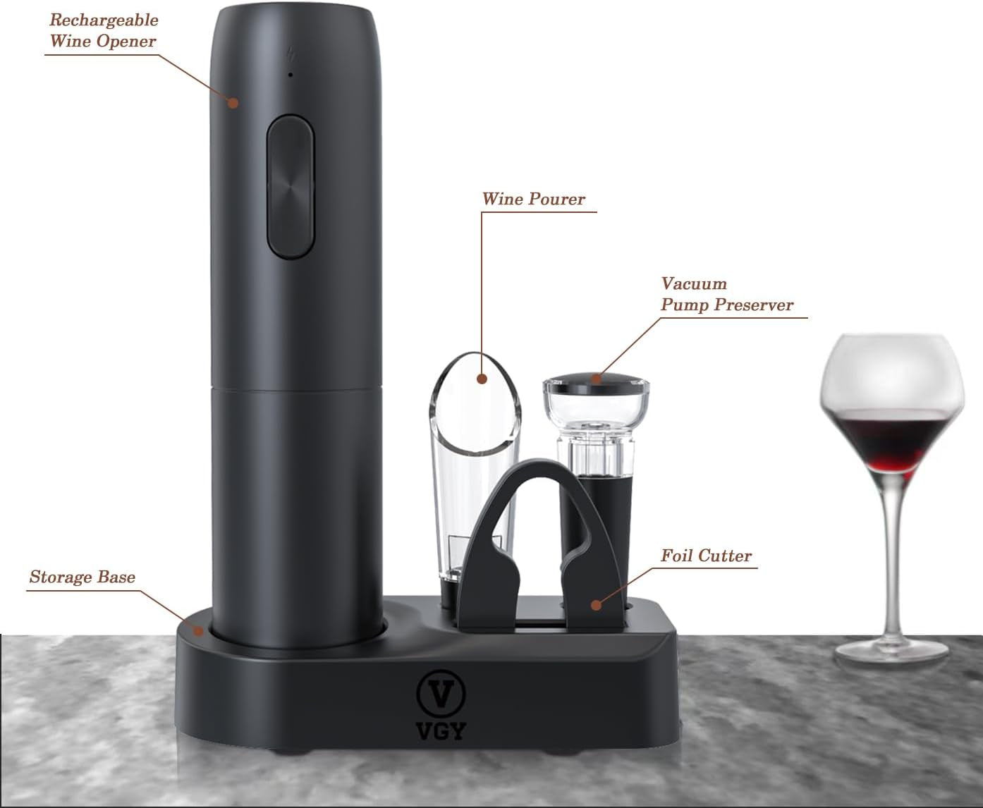 Electric Wine Opener Set, 5 in 1 Rechargeable Automatic Electric Corkscrew with Charging Base, Foil Cutter, Wine Pourer & Vacuum Stopper, Electric Wine Bottle Opener for Home Bar & Wine Lovers