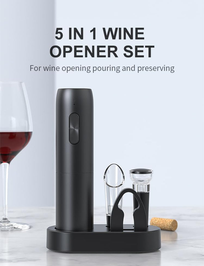 Electric Wine Opener Set, 5 in 1 Rechargeable Automatic Electric Corkscrew with Charging Base, Foil Cutter, Wine Pourer & Vacuum Stopper, Electric Wine Bottle Opener for Home Bar & Wine Lovers