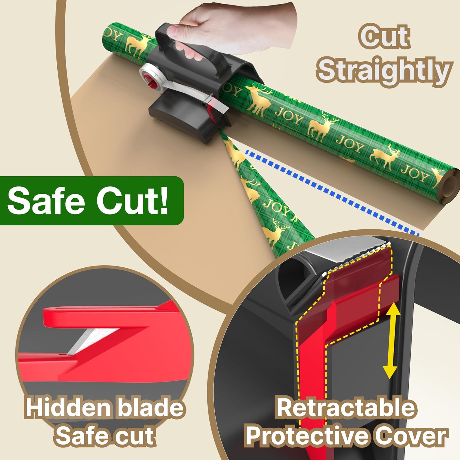 Gift wrap cutter and tape dispenser — detail