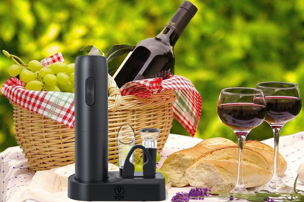 Electric Wine Opener Set, 5 in 1 Rechargeable Automatic Electric Corkscrew with Charging Base, Foil Cutter, Wine Pourer & Vacuum Stopper, Electric Wine Bottle Opener for Home Bar & Wine Lovers
