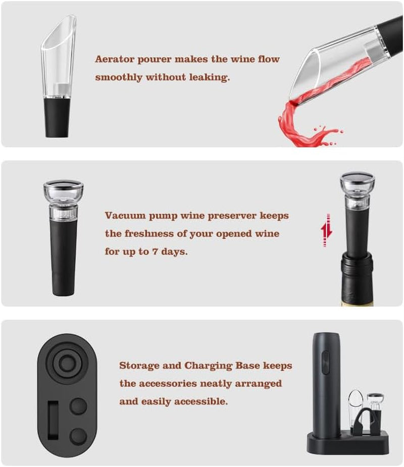 Electric Wine Opener Set, 5 in 1 Rechargeable Automatic Electric Corkscrew with Charging Base, Foil Cutter, Wine Pourer & Vacuum Stopper, Electric Wine Bottle Opener for Home Bar & Wine Lovers